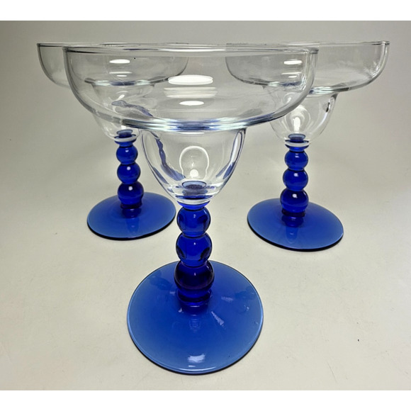 Libbey Metropolis Cobalt Blue Set of 3 Margarita Glasses Bubble Stem Barware Bar - Picture 2 of 4